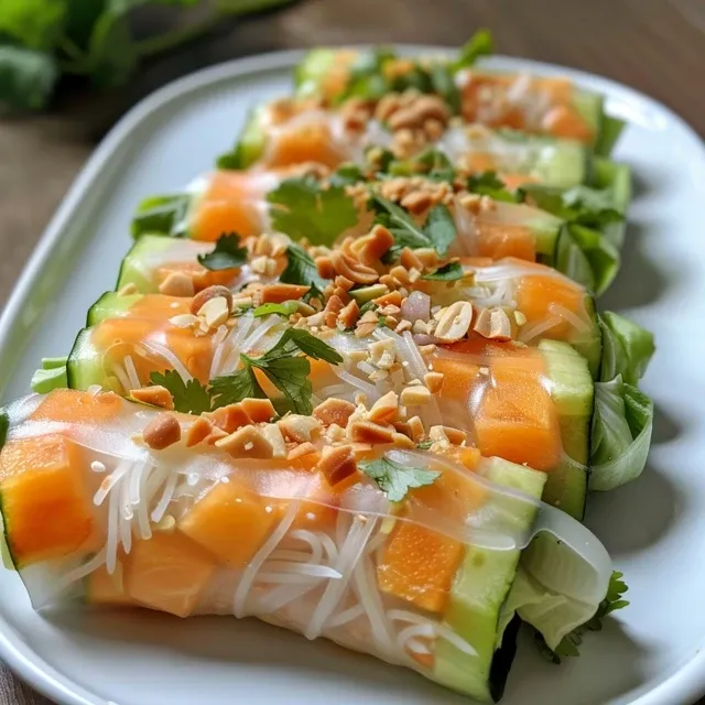 Close-up side view of fresh garden rolls with vibrant veggies and rice wraps.