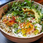 Close-up view of a bowl filled with Greek yogurt, avocado, eggs, and arugula, topped with Everything Bagel spice.
