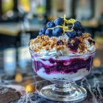 Close-up view of a creamy blueberry yogurt dessert with vibrant blueberries on top.