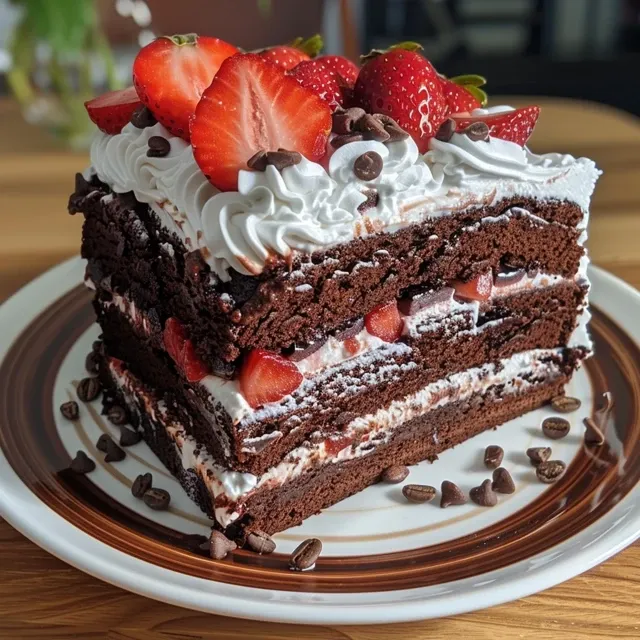 Close-up of a decadent chocolate strawberry whipped cream cake with strawberries on top.