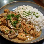 A close-up view of creamy chicken and mushroom served with rice, showcasing a colorful dish with visible ingredients.