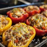 Close-up view of BBQ Beef Mince Stuffed Bell Peppers showcasing vibrant colors and textures.