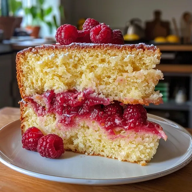 Baking Joy Whip Up a Raspberry Lemon Cake That Dazzles Side view of a Raspberry Lemon Cake showcasing layers and frosting.