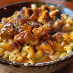 A close-up side view of creamy One-Pot Honey BBQ Chicken Mac and Cheese with visible chicken pieces and melted cheese.