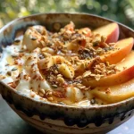 A close-up side view of a peach yogurt bowl topped with granola and chia seeds.
