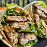 Juicy grilled lemon chicken wraps filled with fresh vegetables on a flatbread.