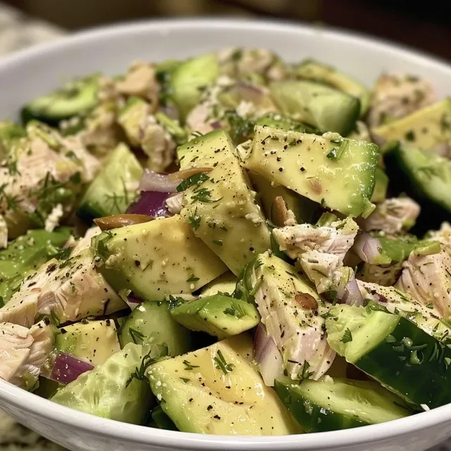 Savor the Crunch A Refreshing Cucumber Avocado Tuna Salad to Brighten Your Day Close-up view of a colorful Cucumber Avocado Tuna Salad in a bowl.