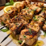 Juicy Mediterranean Lemon Basil Chicken Skewers on a wooden platter.