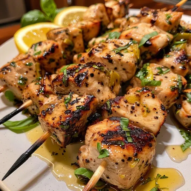 Skewer Up Some Sunshine Easy Mediterranean Lemon Basil Chicken for Busy Days Juicy Mediterranean Lemon Basil Chicken Skewers on a wooden platter.