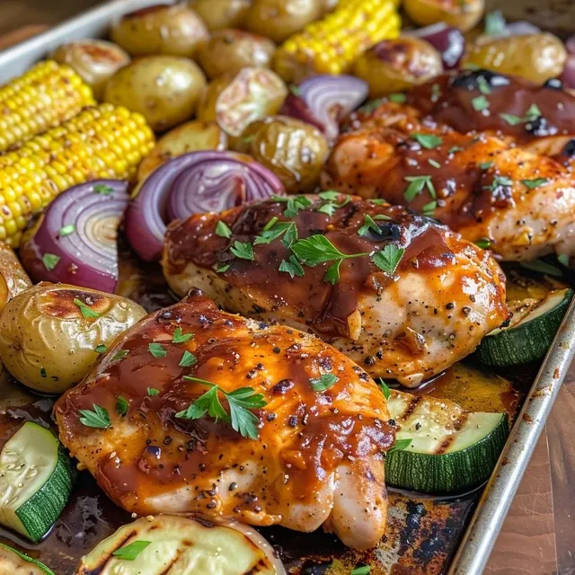 Effortless BBQ Chicken Sheet Pan Meal Flavorful Family Dinner Made Easy Close-up of BBQ chicken, colorful vegetables, and baby potatoes on a sheet pan.