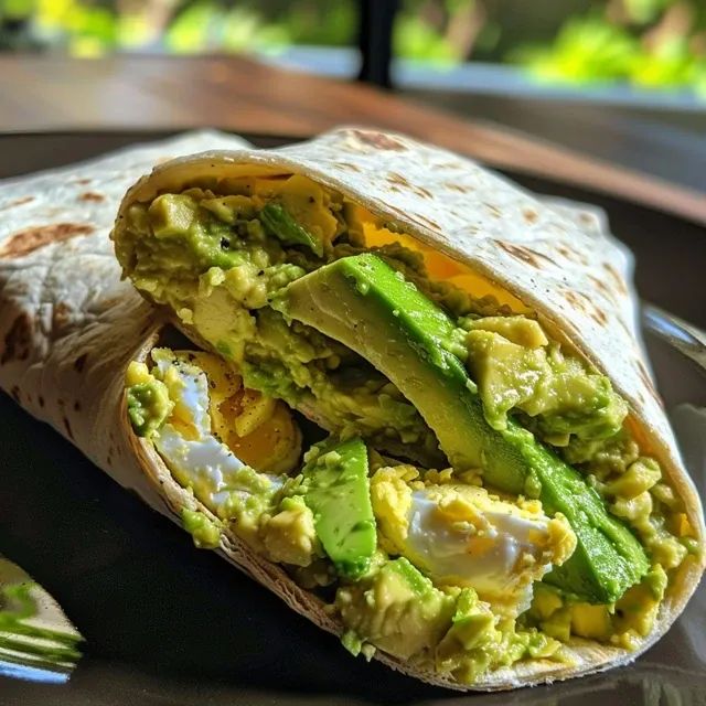Side angle of a delicious Avocado & Egg Protein Wrap with vibrant colors.