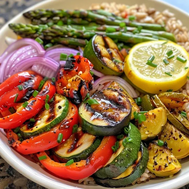 Close-up of a delicious bowl filled with grilled vegetables and brown rice.