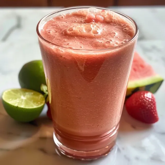 A side view of a watermelon smoothie topped with fresh strawberries and lime, served in a clear glass.
