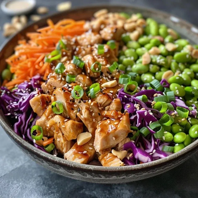 Side view of a fresh Asian Chicken Salad featuring shredded chicken and bright greens.