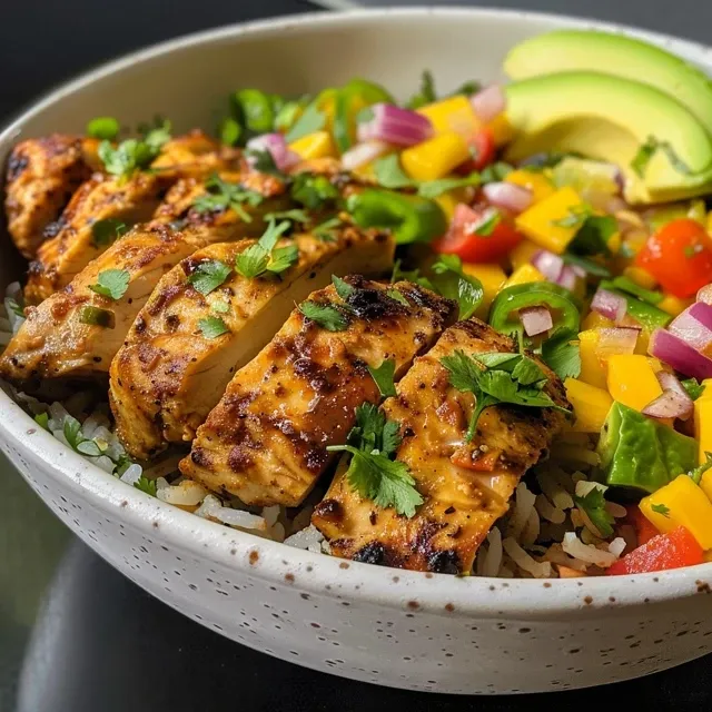 Juicy Chicken Bowls topped with vibrant mango salsa and served with coconut rice.