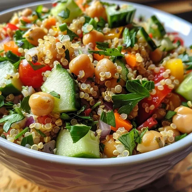 Side view of a colorful Lemon Quinoa and Chickpea Salad with various chopped ingredients.