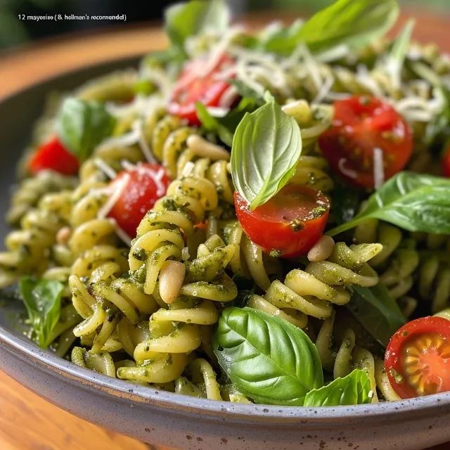 Spiral pasta salad featuring fresh basil, cherry tomatoes, and a drizzle of pesto dressing, captured in side view.