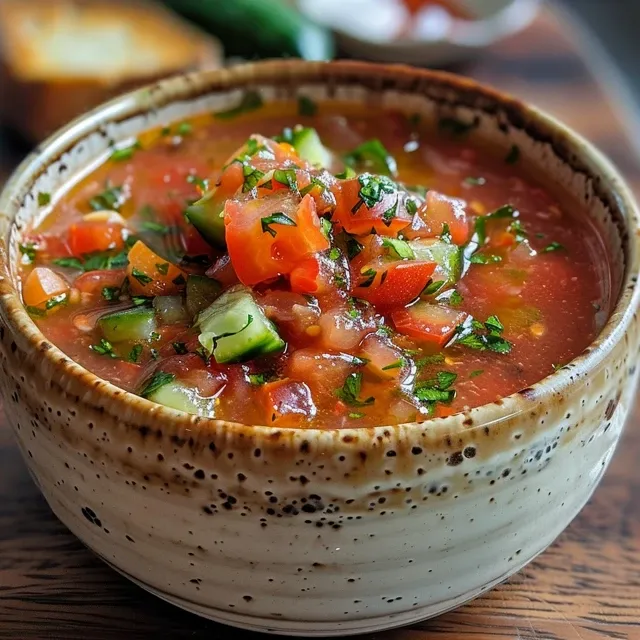 Fresh gazpacho soup in a clear bowl, showcasing its rich color and chunky texture.