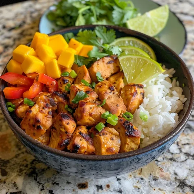 Side view of a vibrant Mango Chili Lime Chicken Bowl showcasing juicy chicken and fresh ingredients.