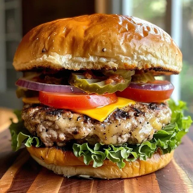Close-up of a gourmet turkey burger with fresh toppings and condiments.