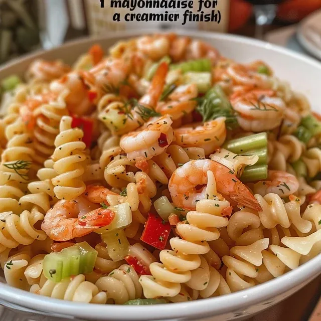 Side view of a homemade shrimp pasta salad, displaying vibrant ingredients and creamy dressing.