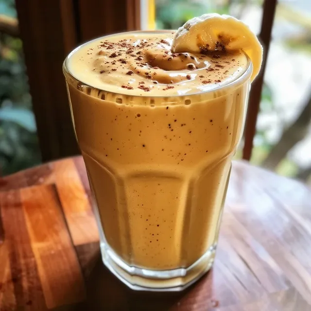 Side view of a vibrant yellow smoothie featuring banana and peach slices on top.