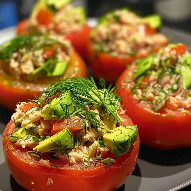 Close-up of a tuna-stuffed avocado showcasing fresh ingredients and vibrant colors.