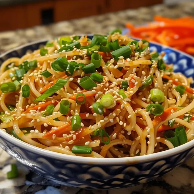 A side view of a bowl filled with Cold Sesame Noodle Salad, showcasing noodles, carrots, and green onions.