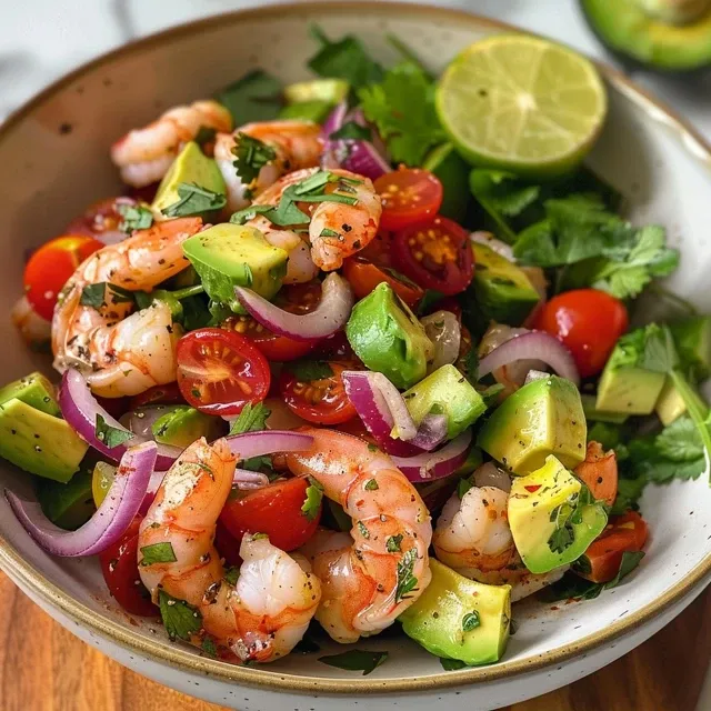 Close-up view of a shrimp salad with shrimp, celery, and a creamy dressing.