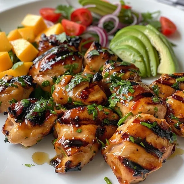 Close-up side view of delicious grilled chicken bites served with white coconut rice and colorful salsa.