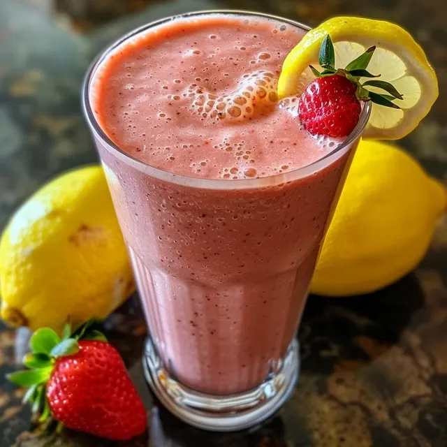 Side view of a refreshing strawberry lemonade smoothie topped with a slice of lemon.