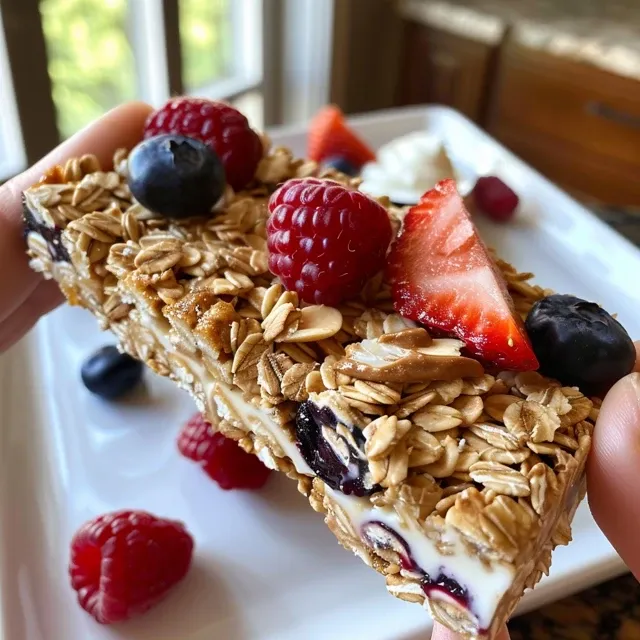 Side view of delicious granola cups filled with yogurt and berries.