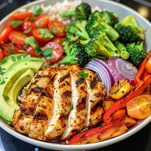 Juicy grilled chicken served with broccoli, bell peppers, and cherry tomatoes in a vibrant bowl.