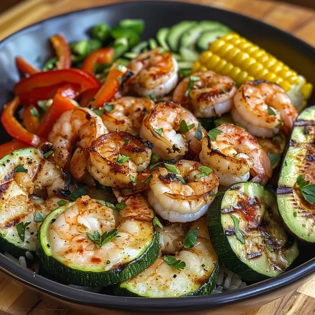 Vibrant shrimp bowl showcasing juicy grilled shrimp with quinoa, topped with fresh herbs and lemon slices.