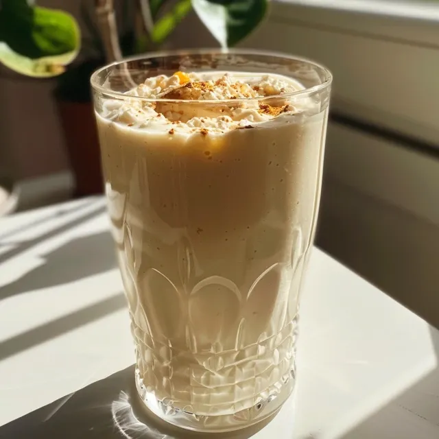 Side view of a refreshing smoothie made with cottage cheese and peach slices.