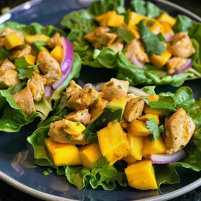 Side shot of Mango Chicken Lettuce Wraps with vibrant ingredients displayed.