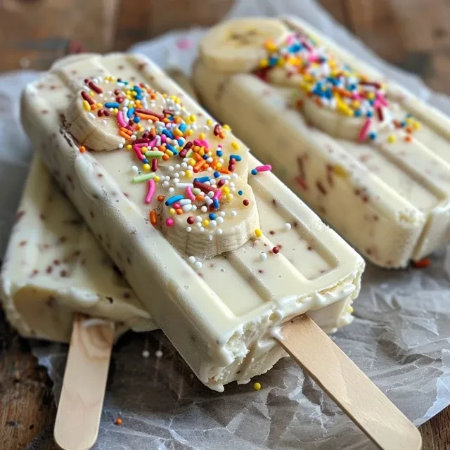 Side view of vibrant banana yogurt pops with colorful cake sprinkles.