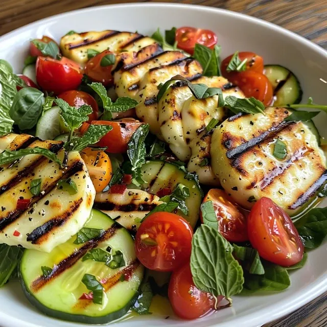 Close-up of a juicy Grilled Halloumi Salad with vibrant roasted vegetables on a plate.