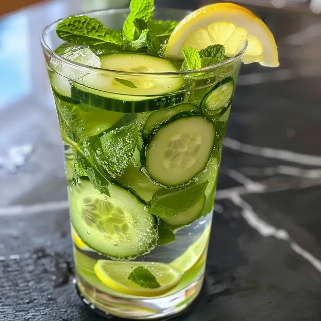 Close-up view of cucumber mint detox water featuring cucumber slices and mint leaves floating.