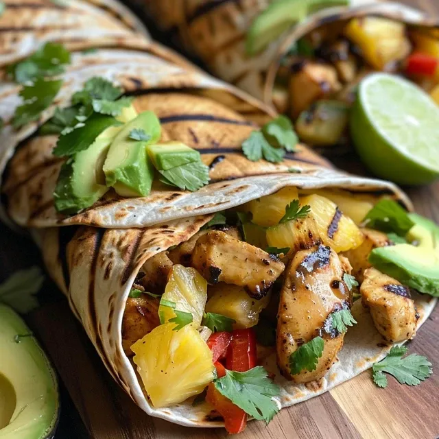 Side view of a colorful grilled chicken wrap filled with greens, fruit, and nuts.