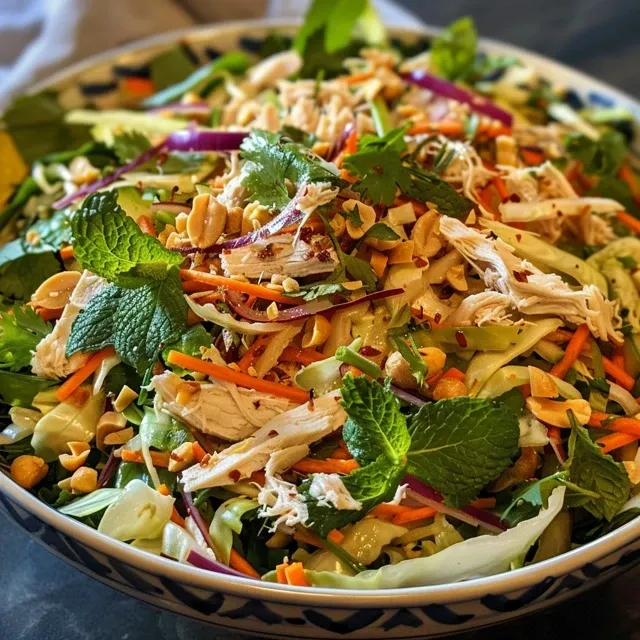 Side view of a delicious salad with shredded chicken, vegetables, and herbs.