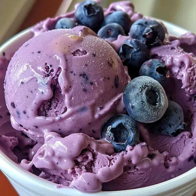 Side view of a delicious scoop of blueberry yogurt topped with fresh berries.
