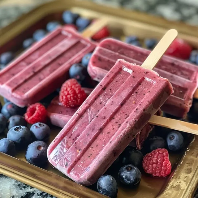Side view of colorful mixed berry popsicles with coconut milk drizzled.