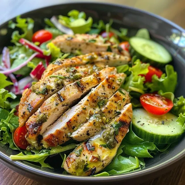 Juicy grilled chicken placed on a bed of vibrant salad greens and fresh vegetables.