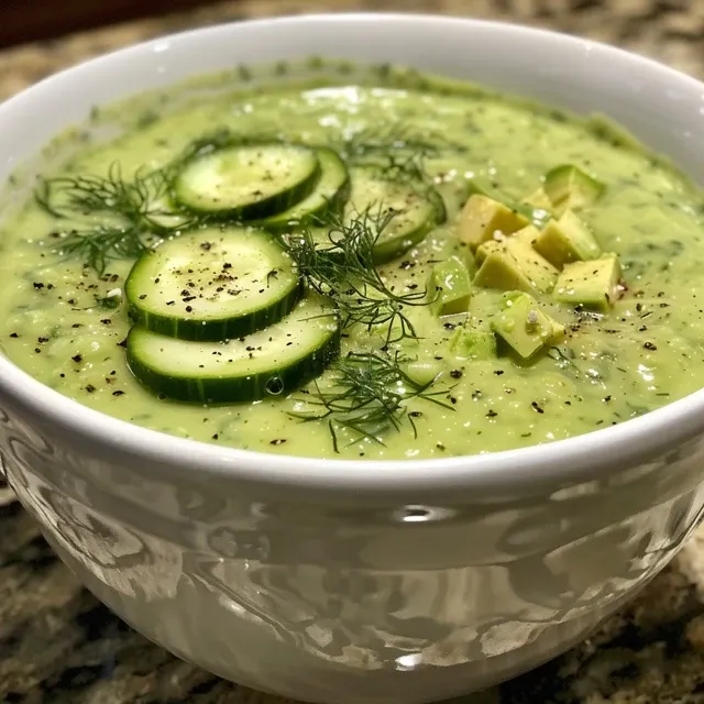 A side view of creamy cucumber avocado soup in a bowl, showcasing its smooth texture and green color.