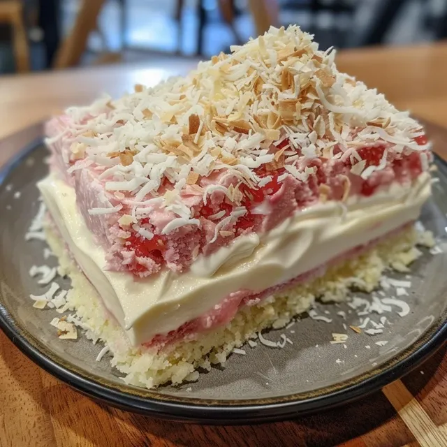 Side angle of white chocolate and strawberry coconut ice, featuring pink strawberry swirls and white coconut flakes.