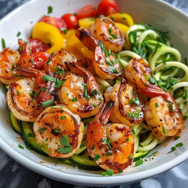 Side angle of a zucchini noodle bowl showcasing shrimp, bell peppers, and cherry tomatoes.