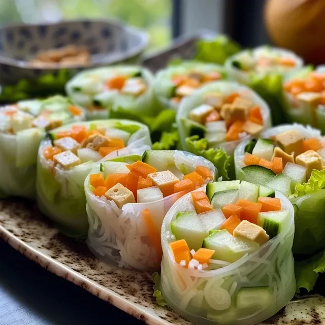 Juicy fresh garden rolls filled with colorful vegetables and optional toppings.
