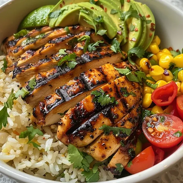 Juicy grilled chicken atop a bed of jasmine rice, garnished with fresh vegetables and herbs.