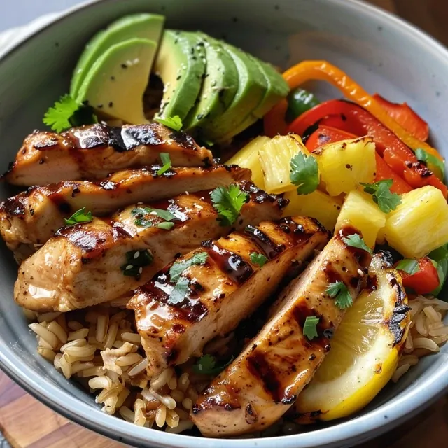 Close-up view of juicy grilled chicken with pineapple slices and avocado served over coconut rice.
